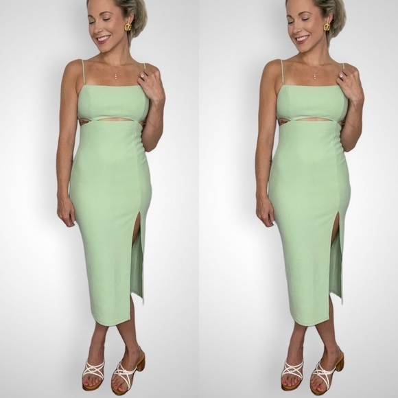 💫 HELLO MOLLY | Mint Green Cutout Side Slit Bodycon Slip Midi Dress - Picture 1 of 9